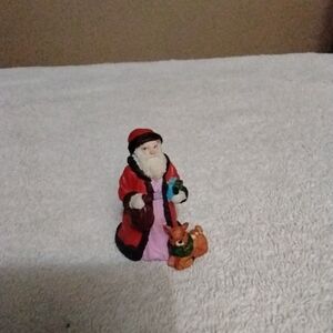 1990's  Hand Painted Resin Santa Claus Figurine with Reindeer - Red and White